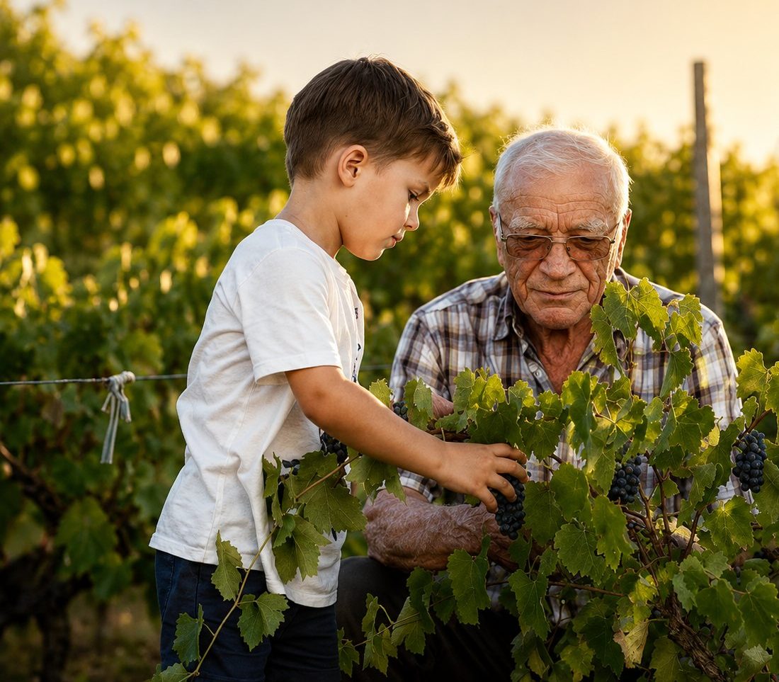 A grandfather and his grandson picking grapes together in a vineyard in late afternoon light.
